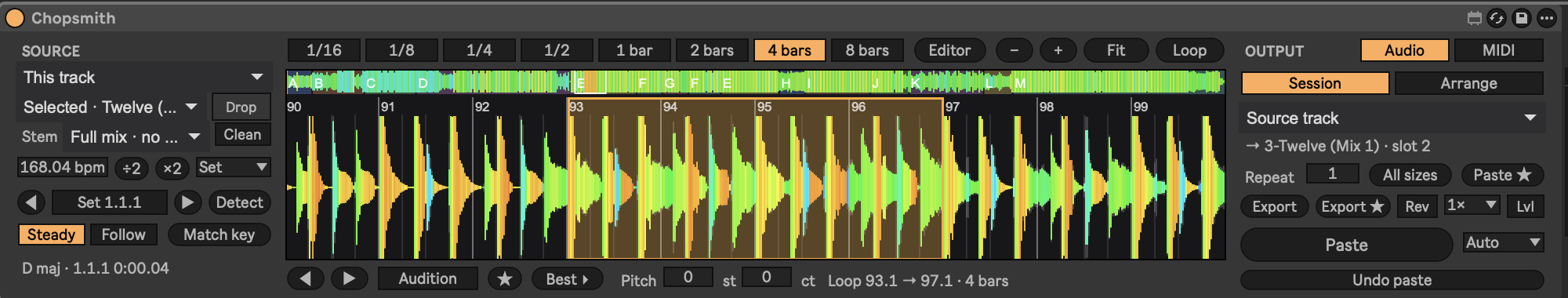The Chopsmith device in Ableton Live: a song's waveform with its bar grid and sections, a 4-bar loop selected, tempo 168 BPM and key D major, with Paste and To MIDI controls.