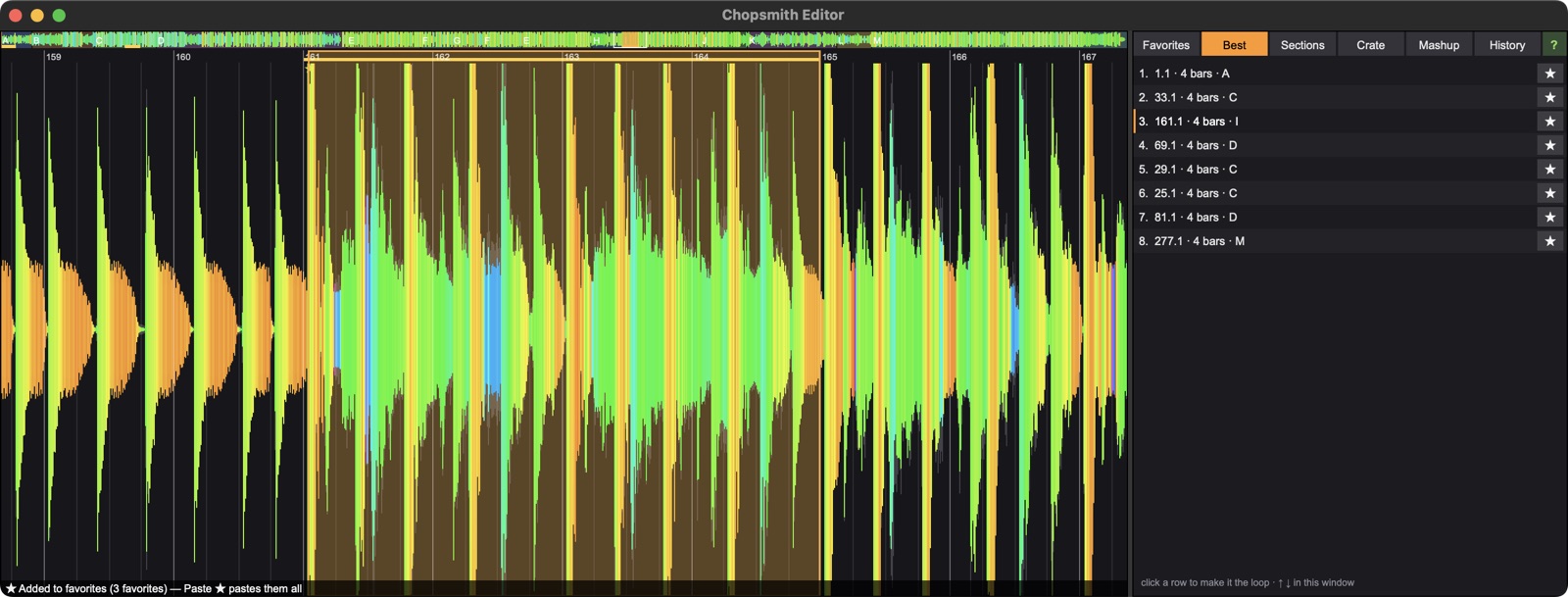 The Best tab ranking eight 4-bar loops by start bar and section, each with a star button, with the selected loop highlighted on the big waveform.