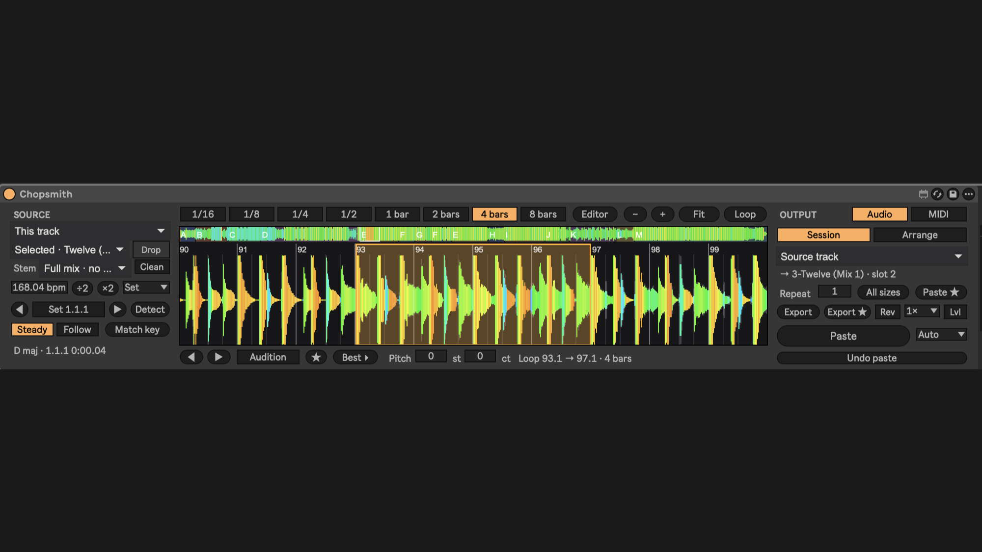 The Chopsmith device in Ableton Live, with a 4-bar loop selected on a song's waveform.