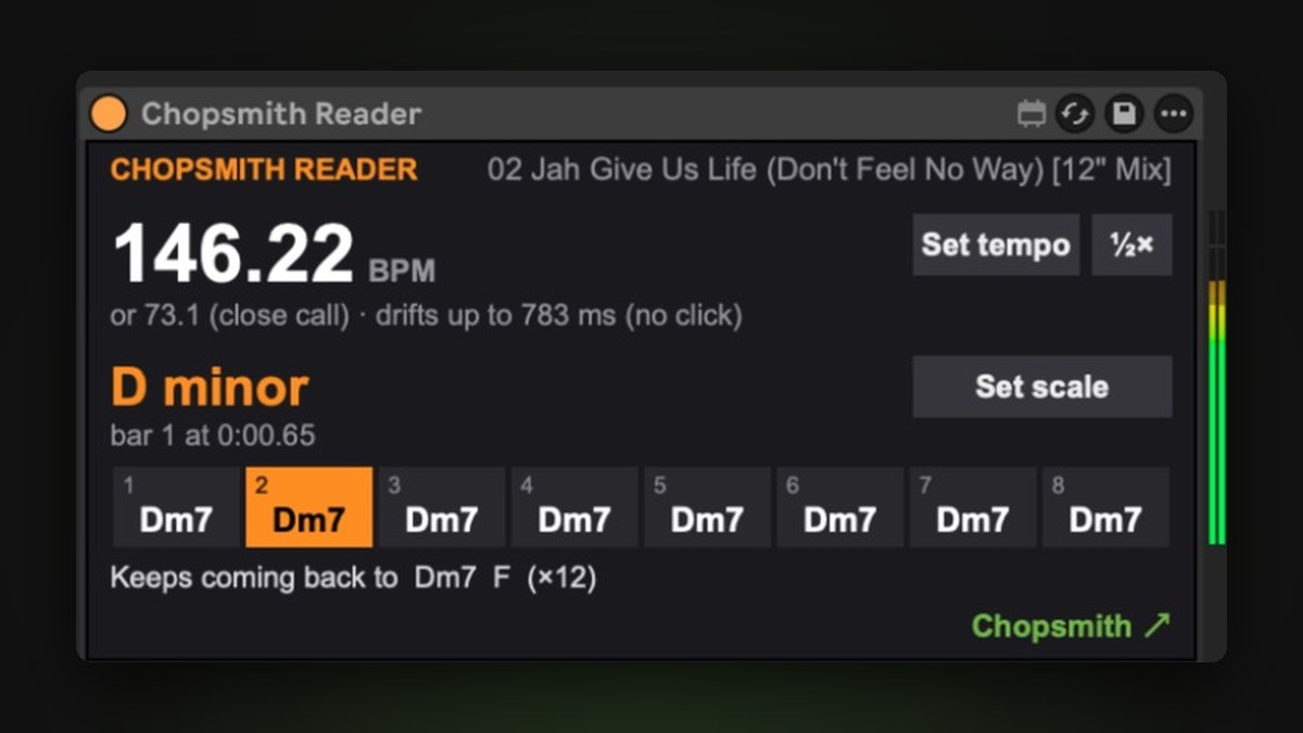 Chopsmith Reader in Live reading a song: 146.22 BPM, D minor, bar 1 at 0:00.65, and the chords of bars 1 to 8.