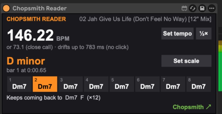 Chopsmith Reader in Live reading a song: 146.22 BPM, D minor, bar 1 at 0:00.65, and the chords of bars 1 to 8 with bar 2 lit as it plays